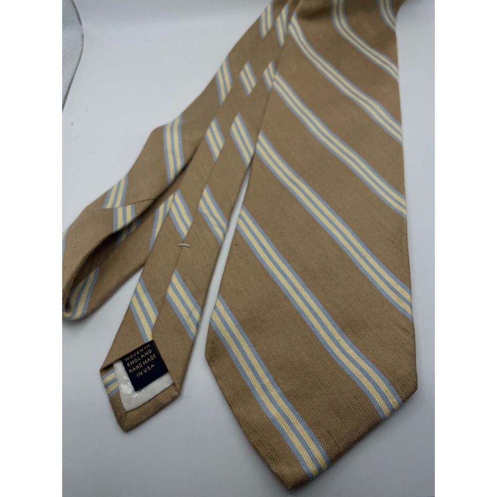 Brooks Brothers Makers Silk Linen Repp Stripe Tie Tan Blue Yellow England USANEW